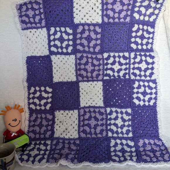 Handmade Other - Lap Size Granny Square Purple and White Crochet  Lap Blanket 29" X 36" Handmade